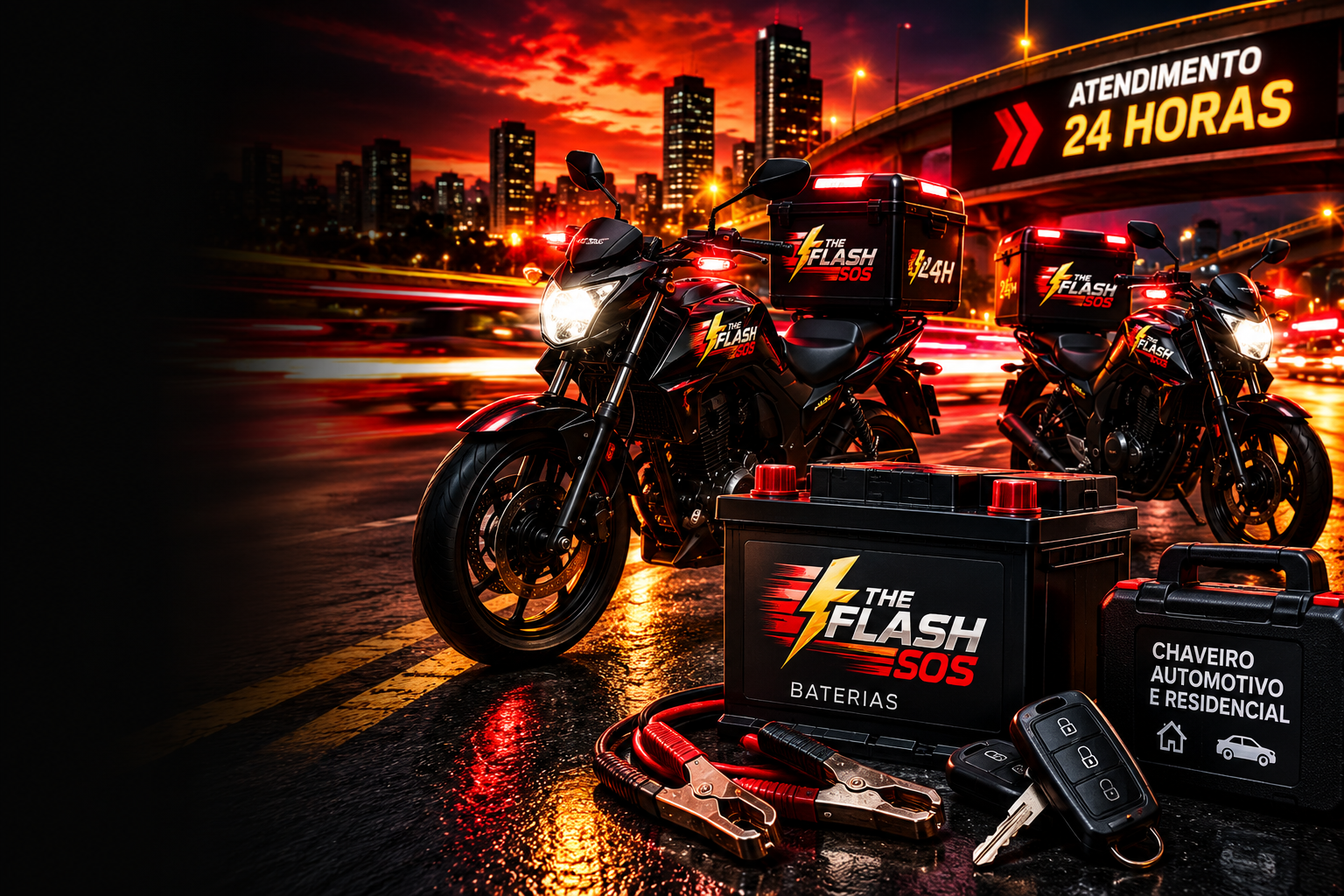 Motos de socorro The Flash SOS com bateria, cabos de partida e chaves à noite na cidade
